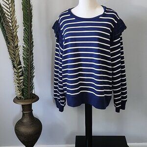 J. Crew Factory Navy and Antique White Striped Eyelet Ruffle Trim Sweatshirt NWT